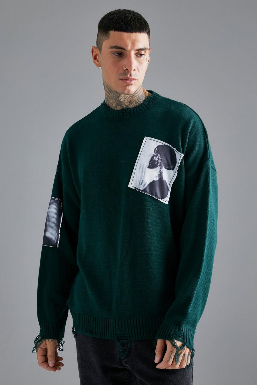 Forest green Photo Print Oversized Distressed Jumper