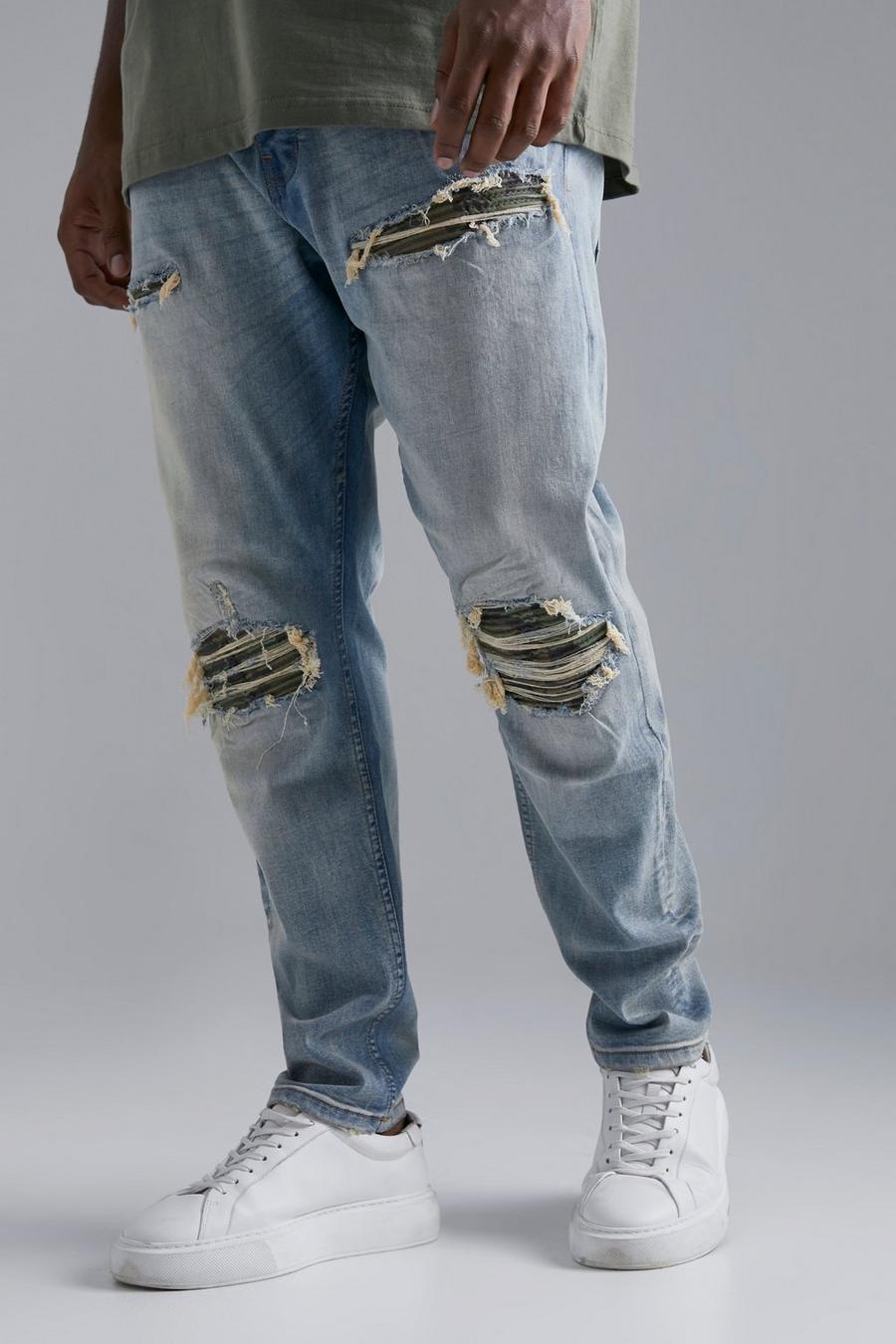 Jeans da Biker Plus Size Skinny Fit in fantasia a bandana con strappi & rattoppi, Vintage blue azzurro