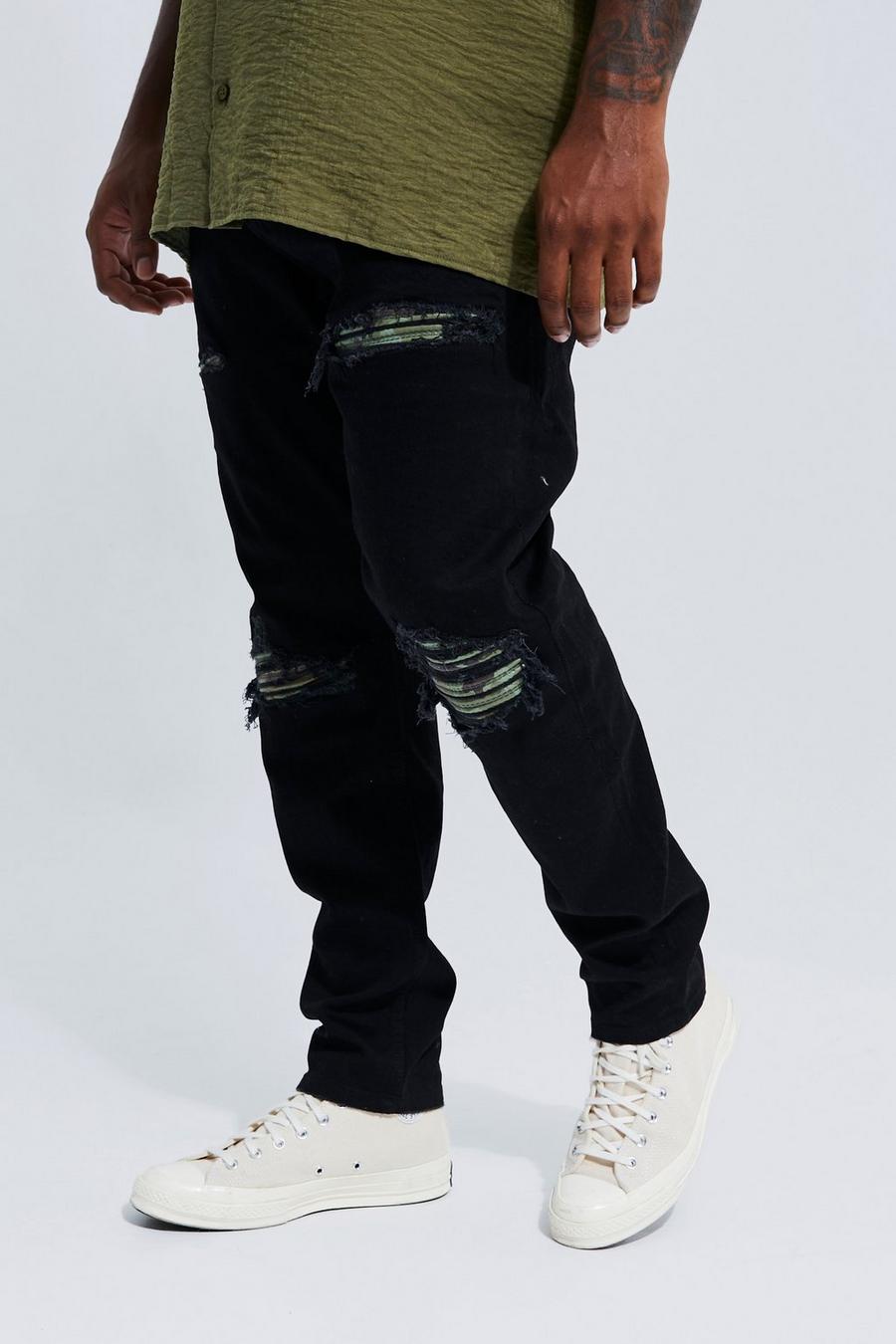 True black Plus Slitna skinny jeans med kamouflagemönstrade lagningar