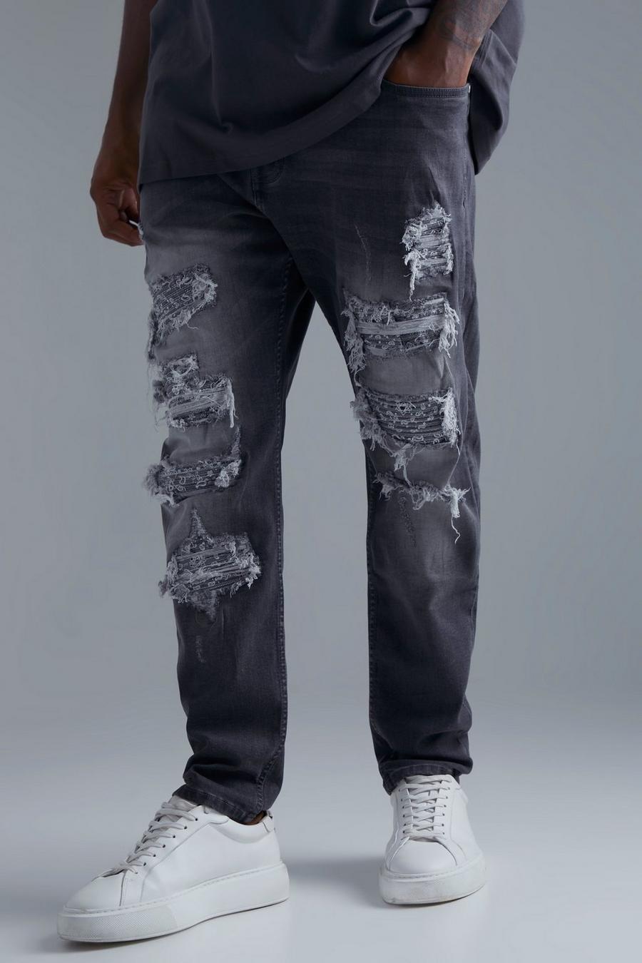 אפור gris סקיני ג'ינס עם דוגמת בנדנה, קרעים וטלאים בצביעה כפולה למידות גדולות