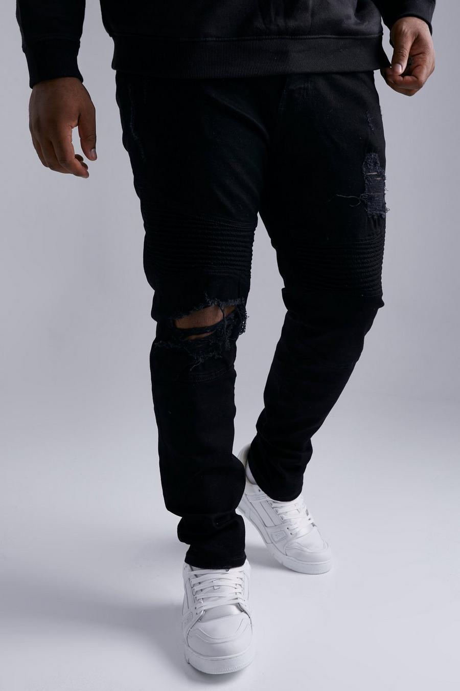 Jeans da Biker Plus Size Skinny Fit in denim Stretch a effetto consumato, True black