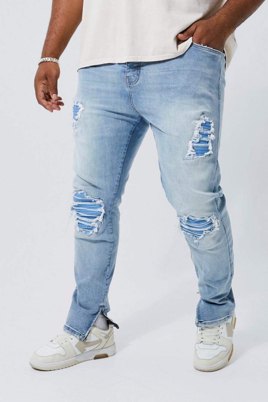 כחול בהיר סקיני ג'ינס אופנוענים נמתח עם קרעים וטלאים, מידות גדולות image number 1