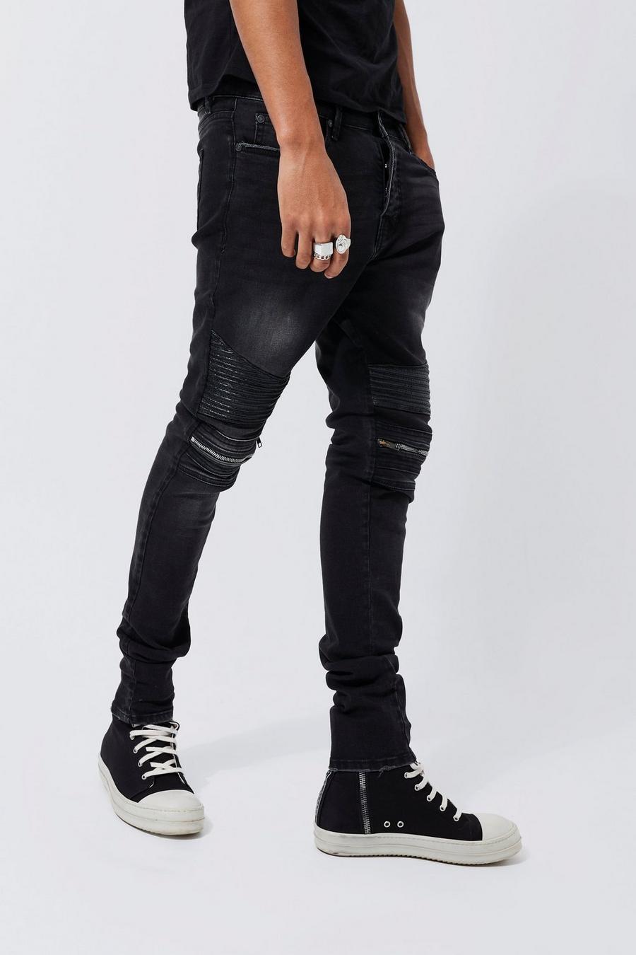 Skinny Stretch Ripped Biker Jeans With Zips