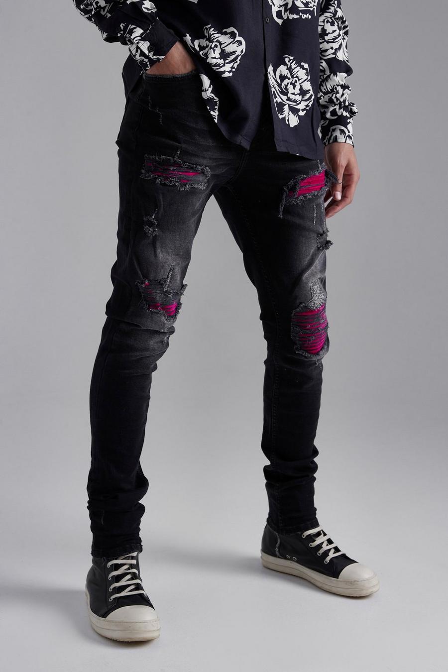 Washed black Tall Slitna skinny jeans med stretch och lagningar image number 1
