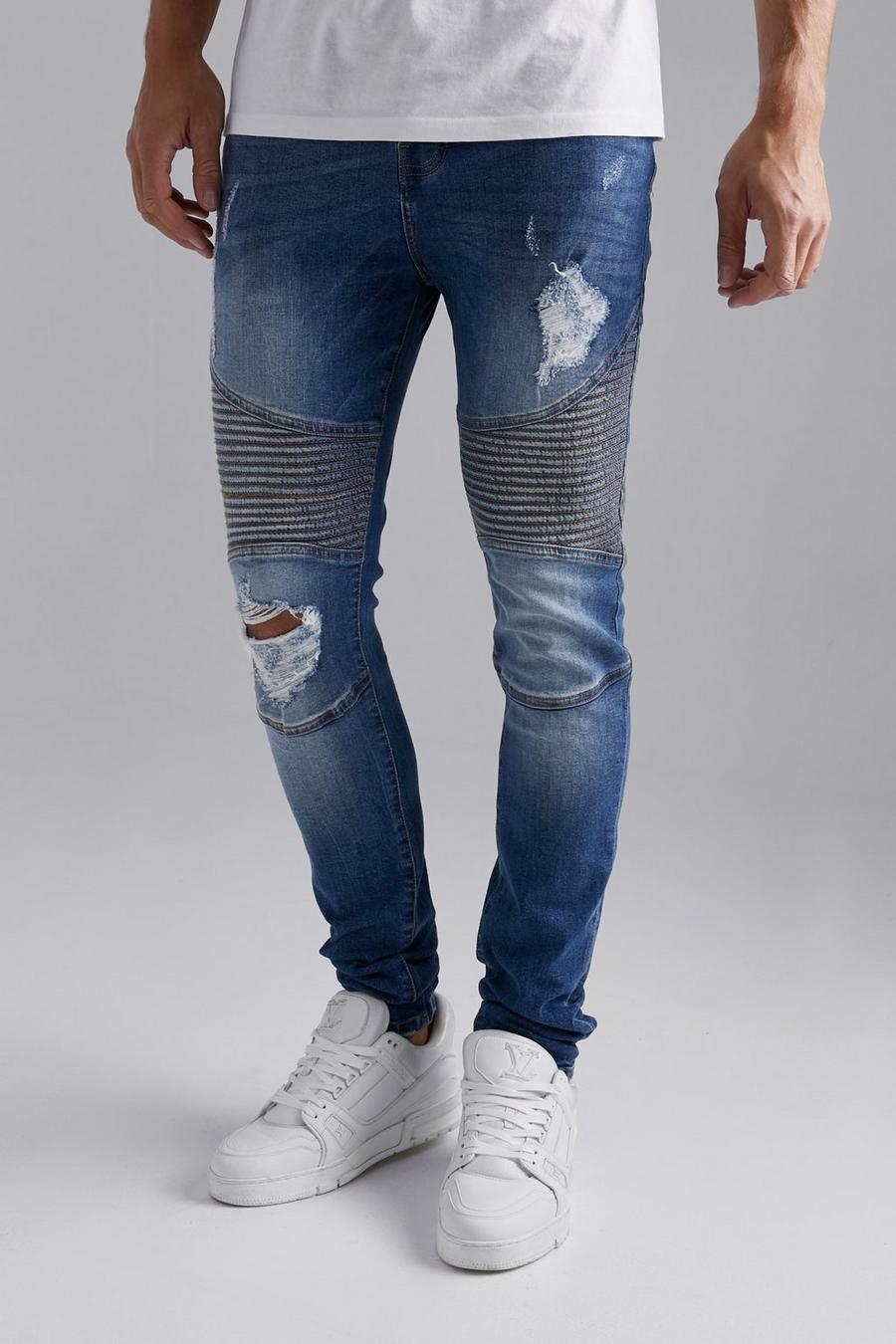 Jeans da Biker Tall Skinny Fit in denim Stretch a effetto consumato, Mid blue