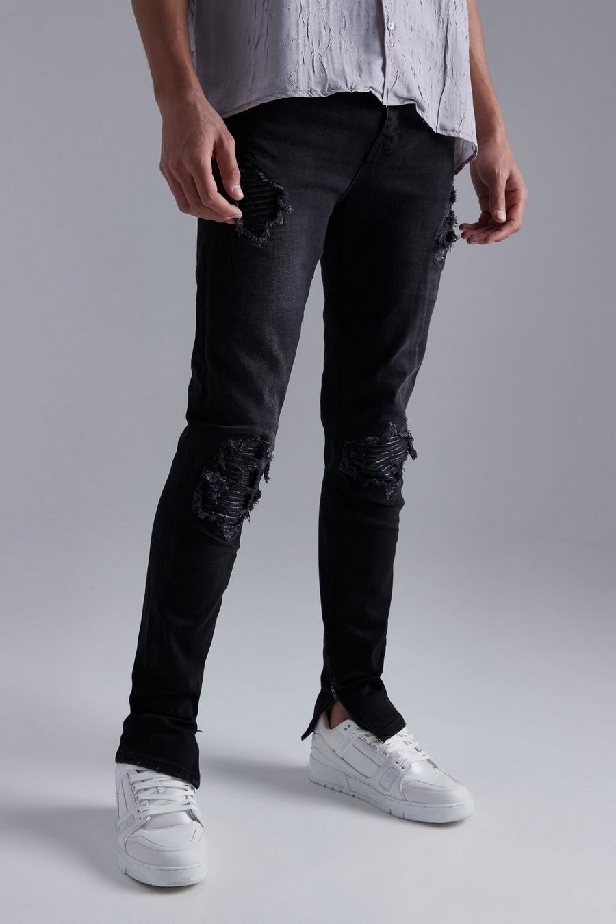 Washed black Tall Stretch Rip & Repair Skinny Biker Jeans image number 1