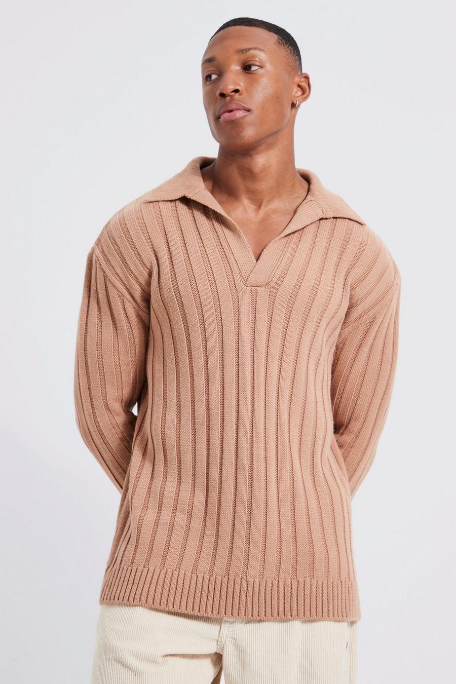 Taupe Deep V Revere Collar Oversized Polo  image number 1
