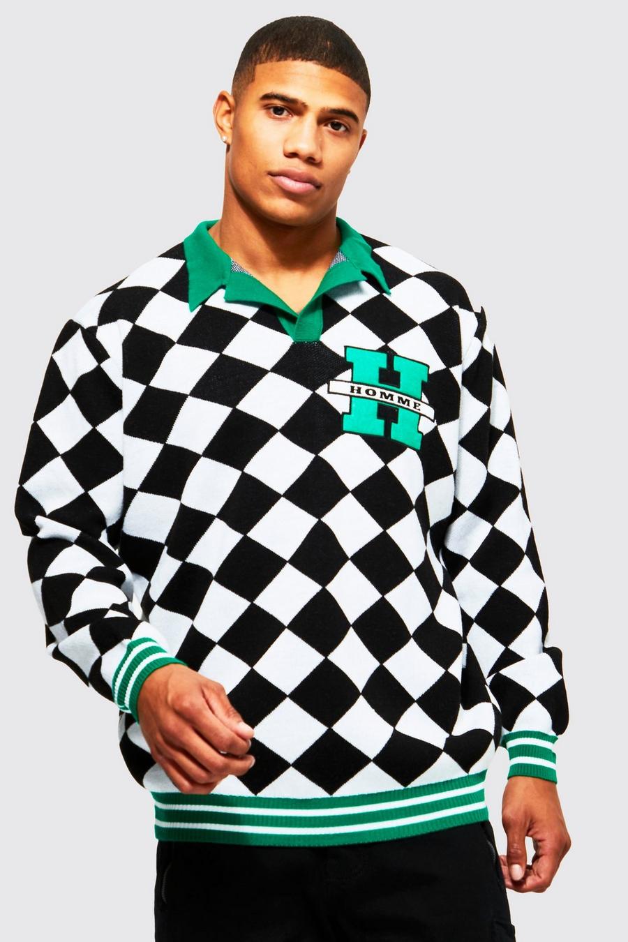Black nero Checkerboard H Knitted Polo 