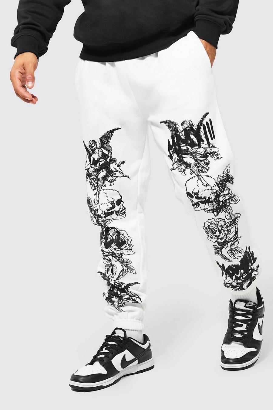 White Regular Fit Homme Graffiti Graphic Joggers image number 1