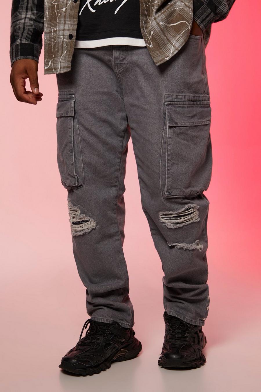 Plus zerrissene Cargo-Jeans mit geradem Bein und Rissen, Mid grey image number 1