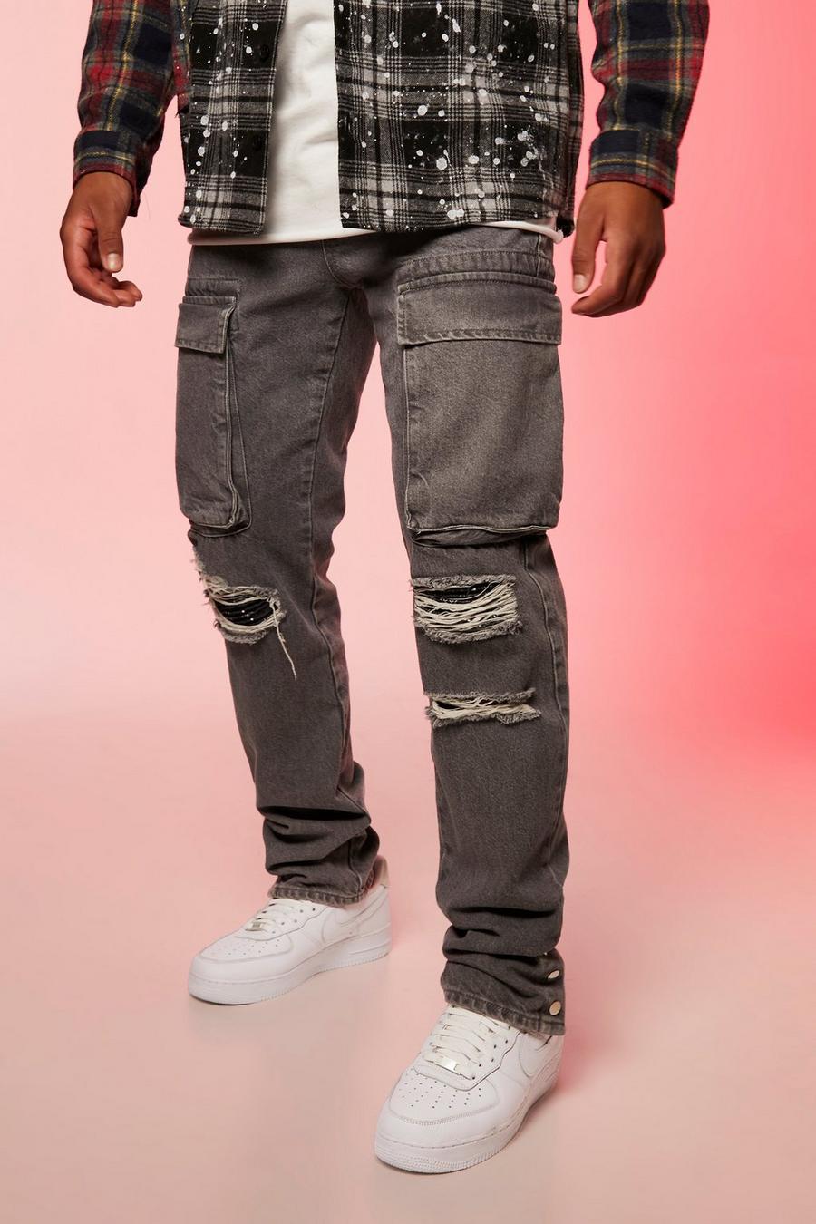 Tall Cargo-Jeans mit geradem Bein und Rissen, Mid grey grau