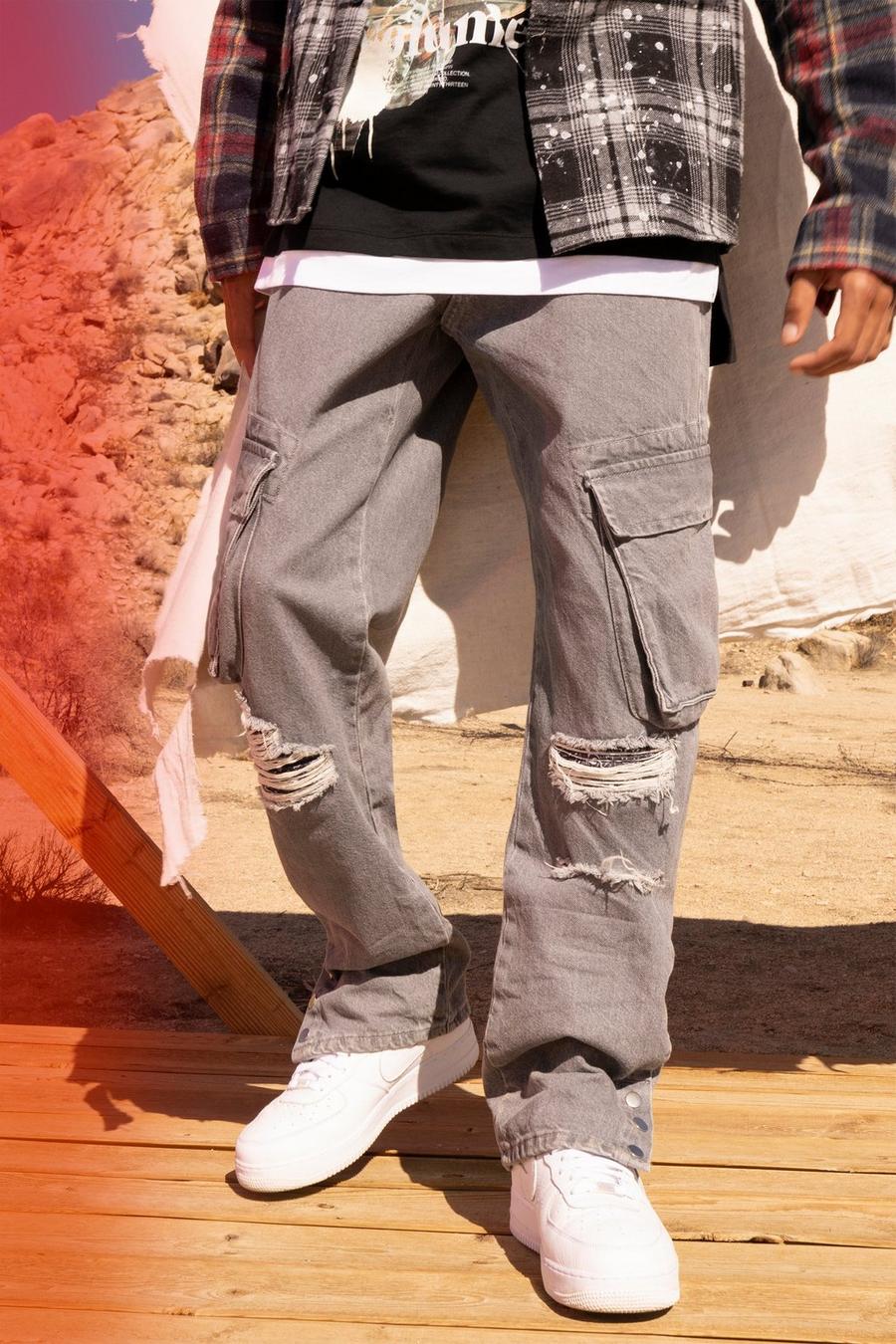 Jeans dritti stile Cargo in denim rigido con strappi & rattoppi, Mid grey image number 1