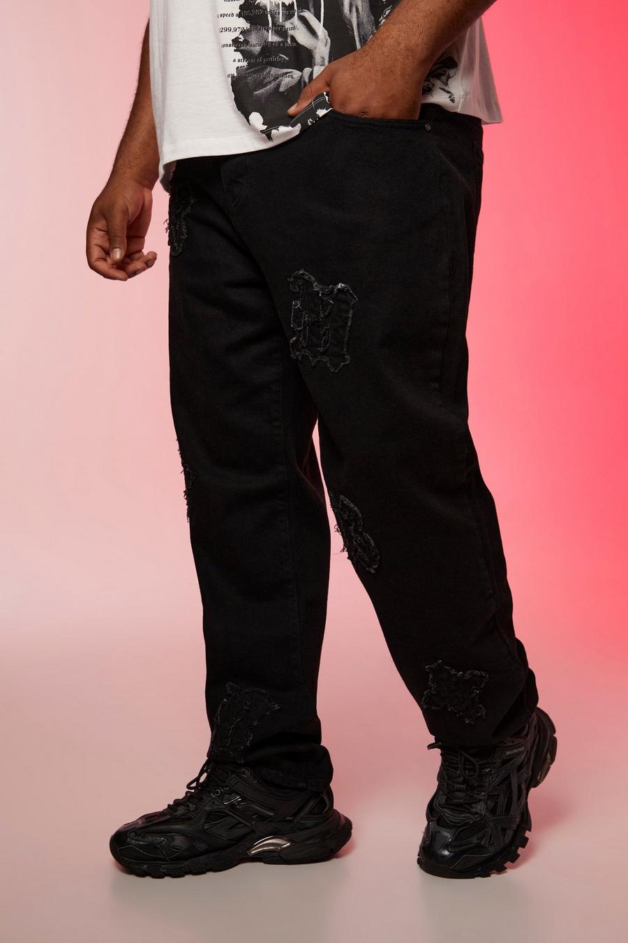 Black negro Plus Straight Leg Rigid Cargo Applique Jean