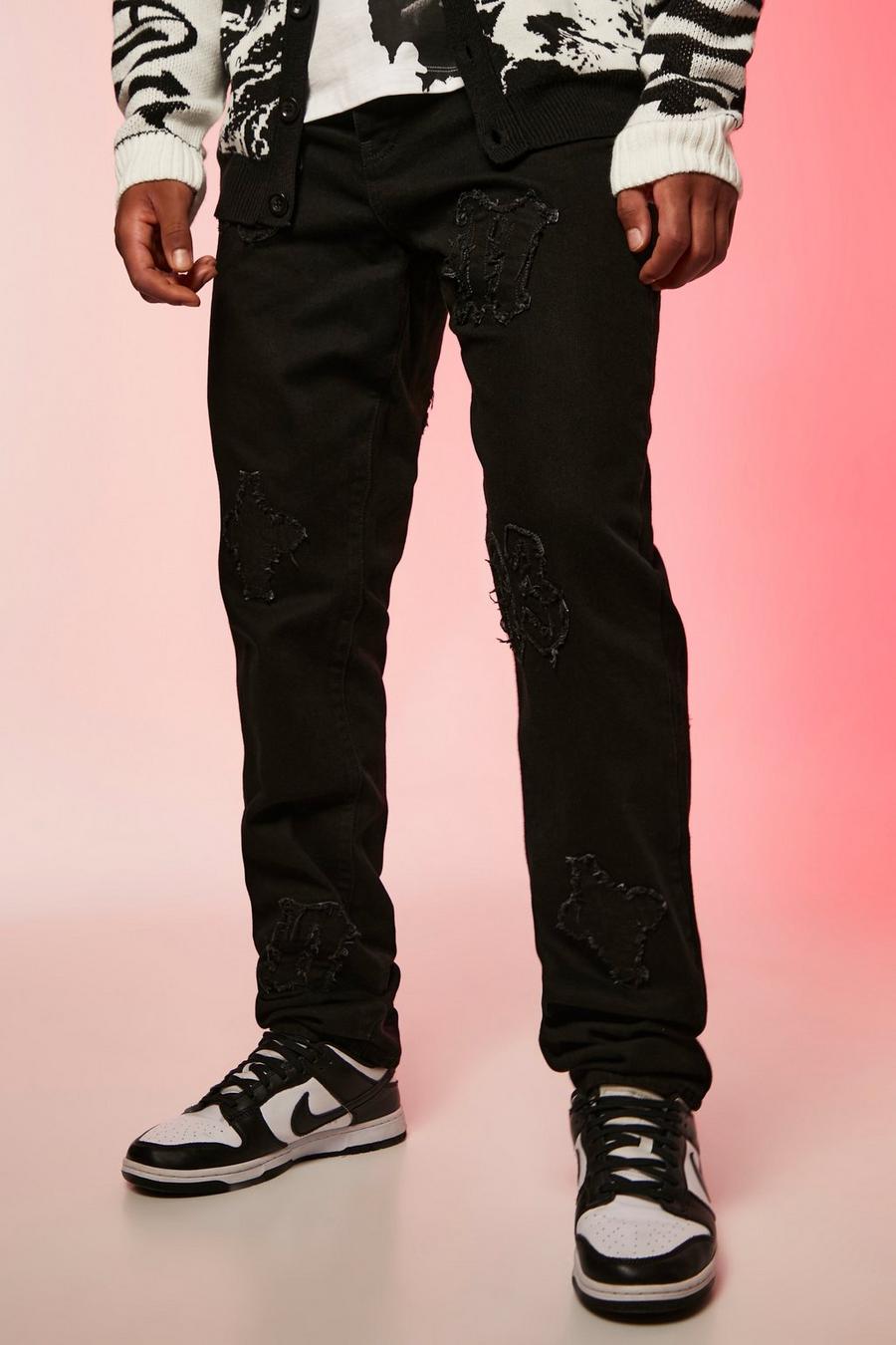 Black Tall Straight Leg Rigid Cargo Applique Jean image number 1