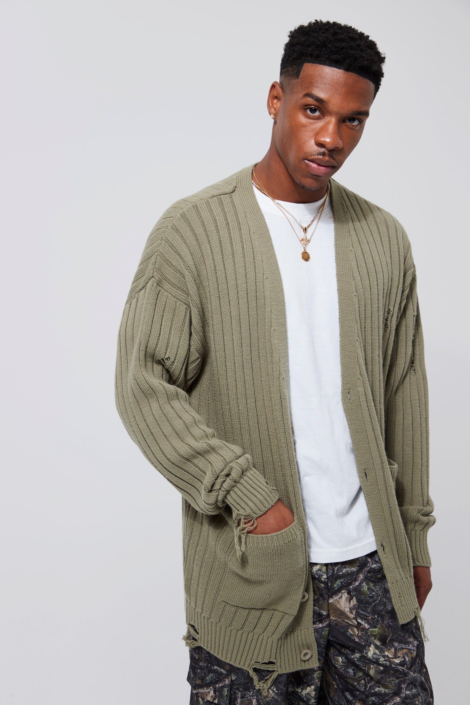 Distressed Ribbed Oversized Cardigan