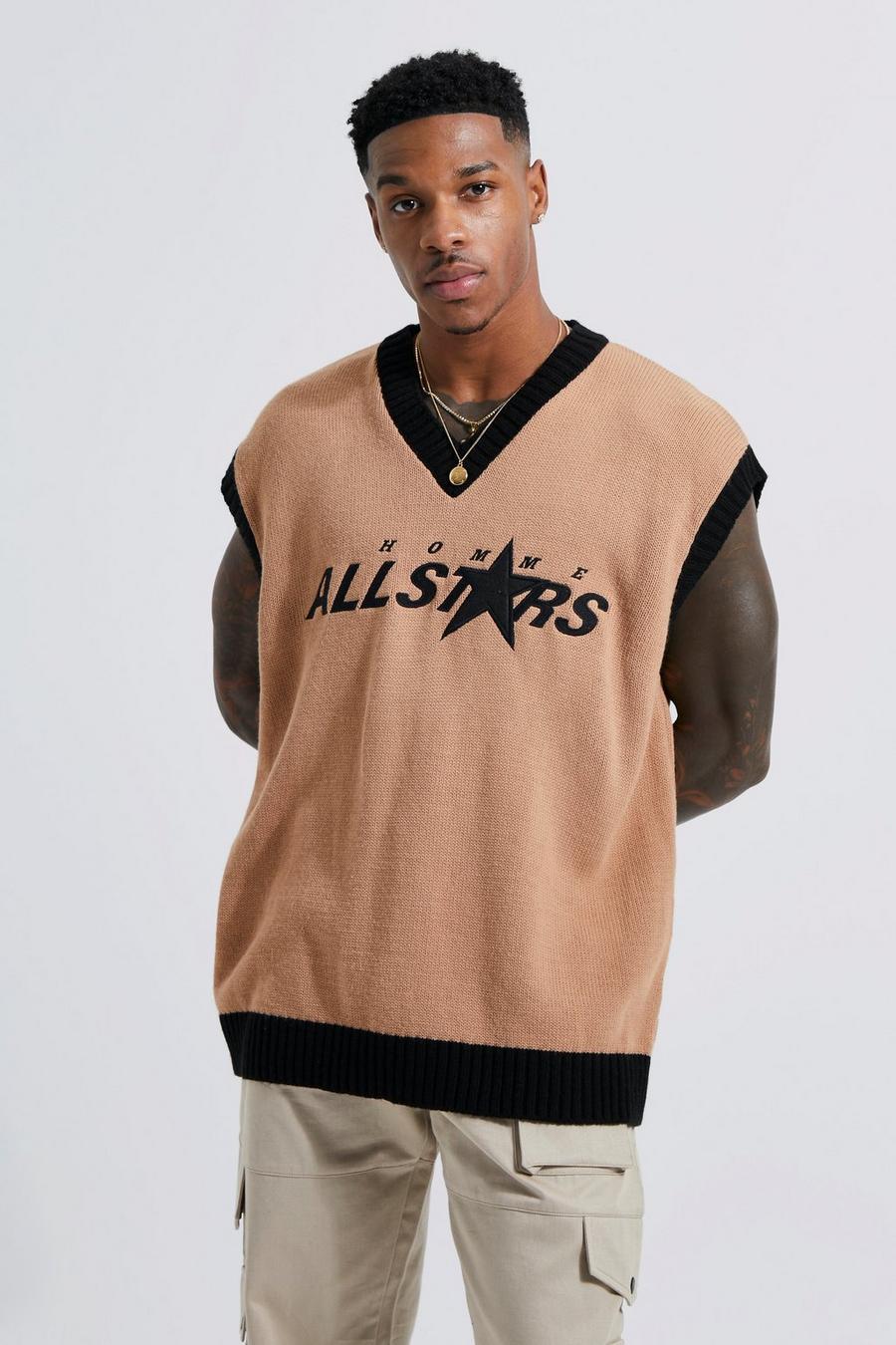 Taupe All Stars Knitted Varsity Vest  image number 1