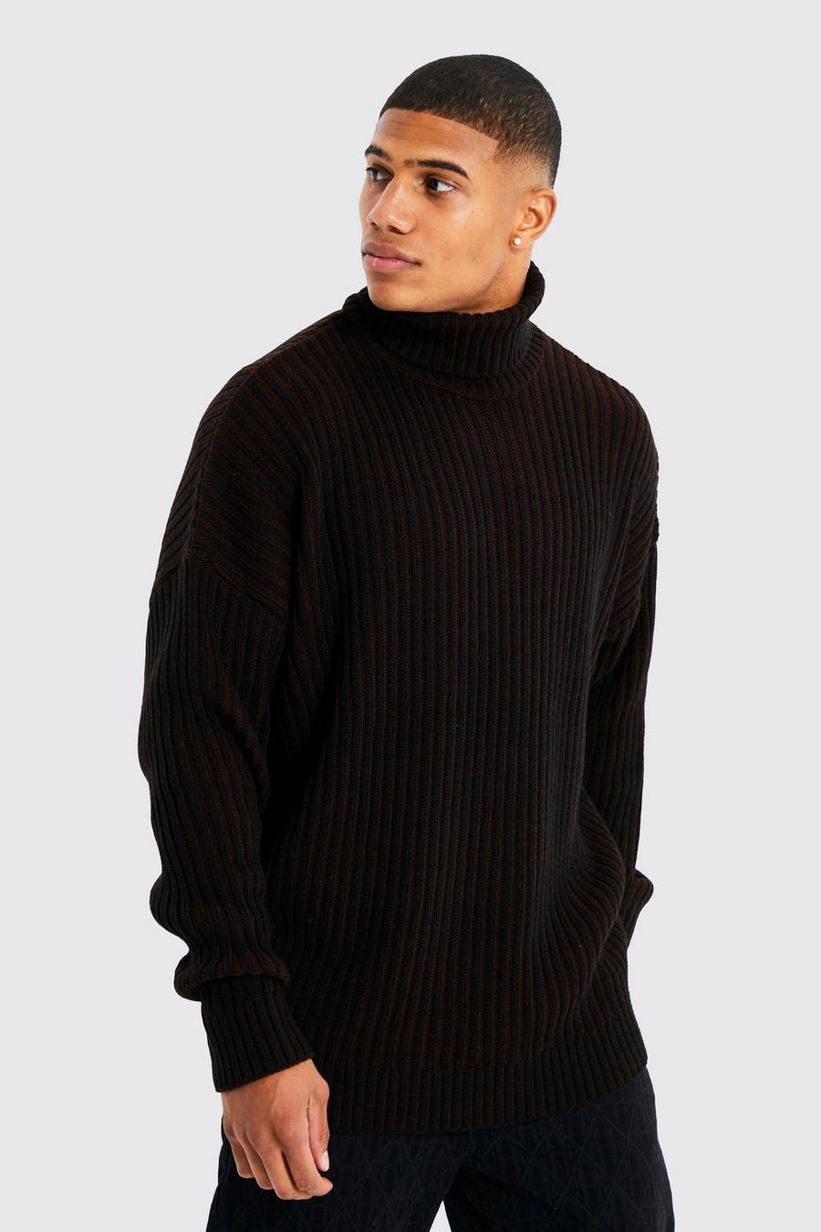 Chocolate Ribbed Funnel Neck Knitted Jumper image number 1