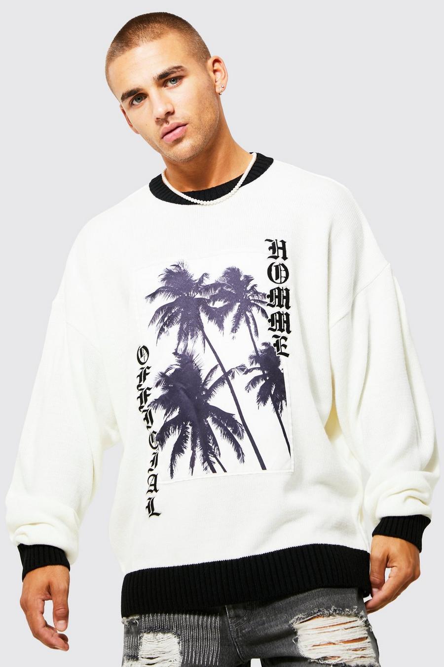 Ecru white Homme Palm Oversized Knitted Jumper