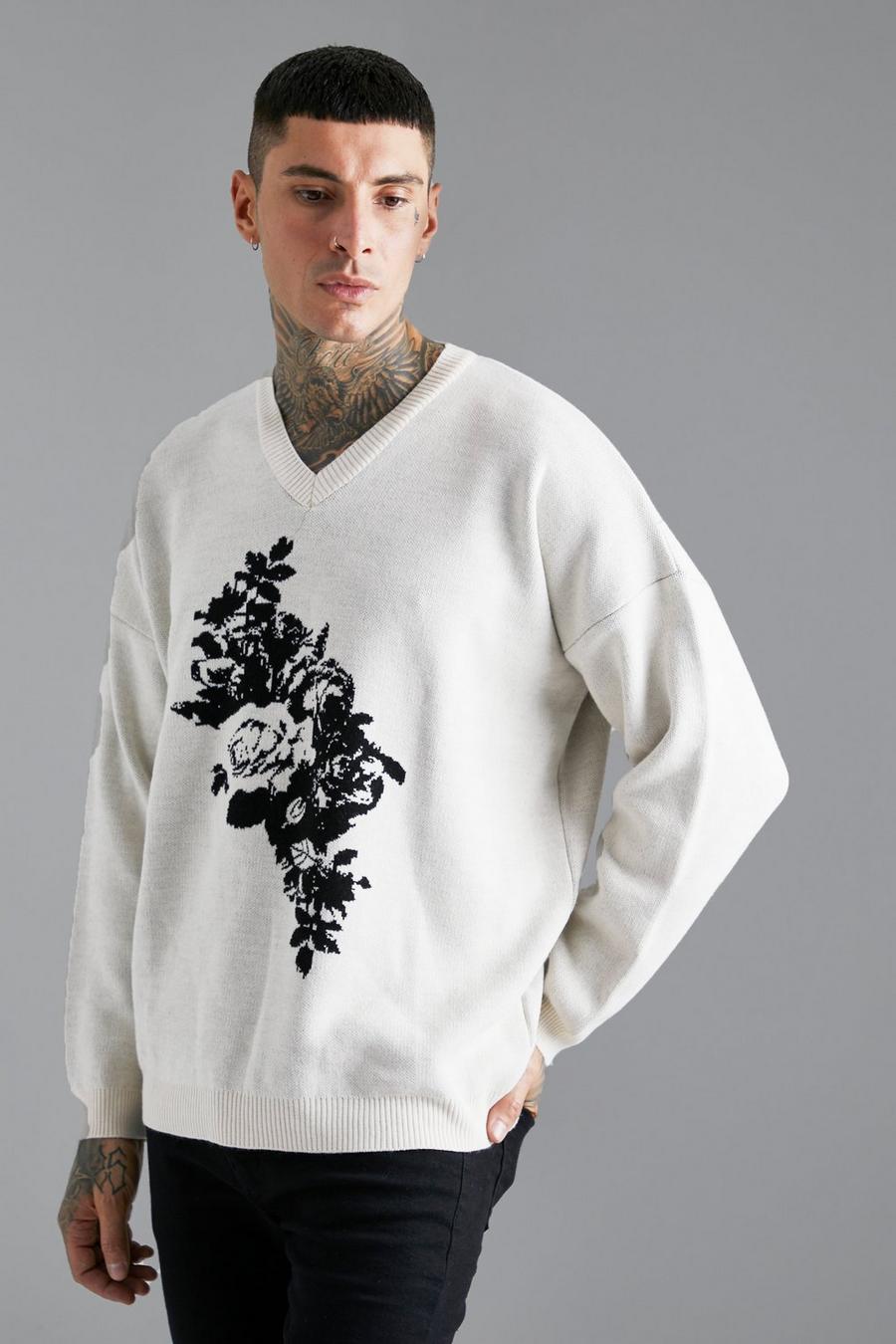 Ecru Floral Abstract Knitted Jumper image number 1