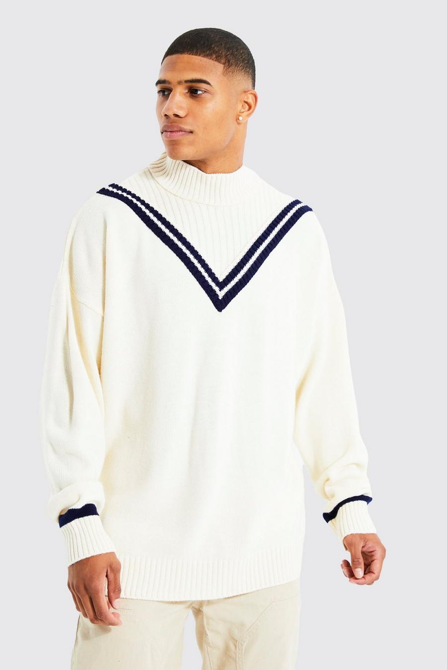 Rollkragen-Pullover mit tiefem V-Ausschnitt, Ecru white