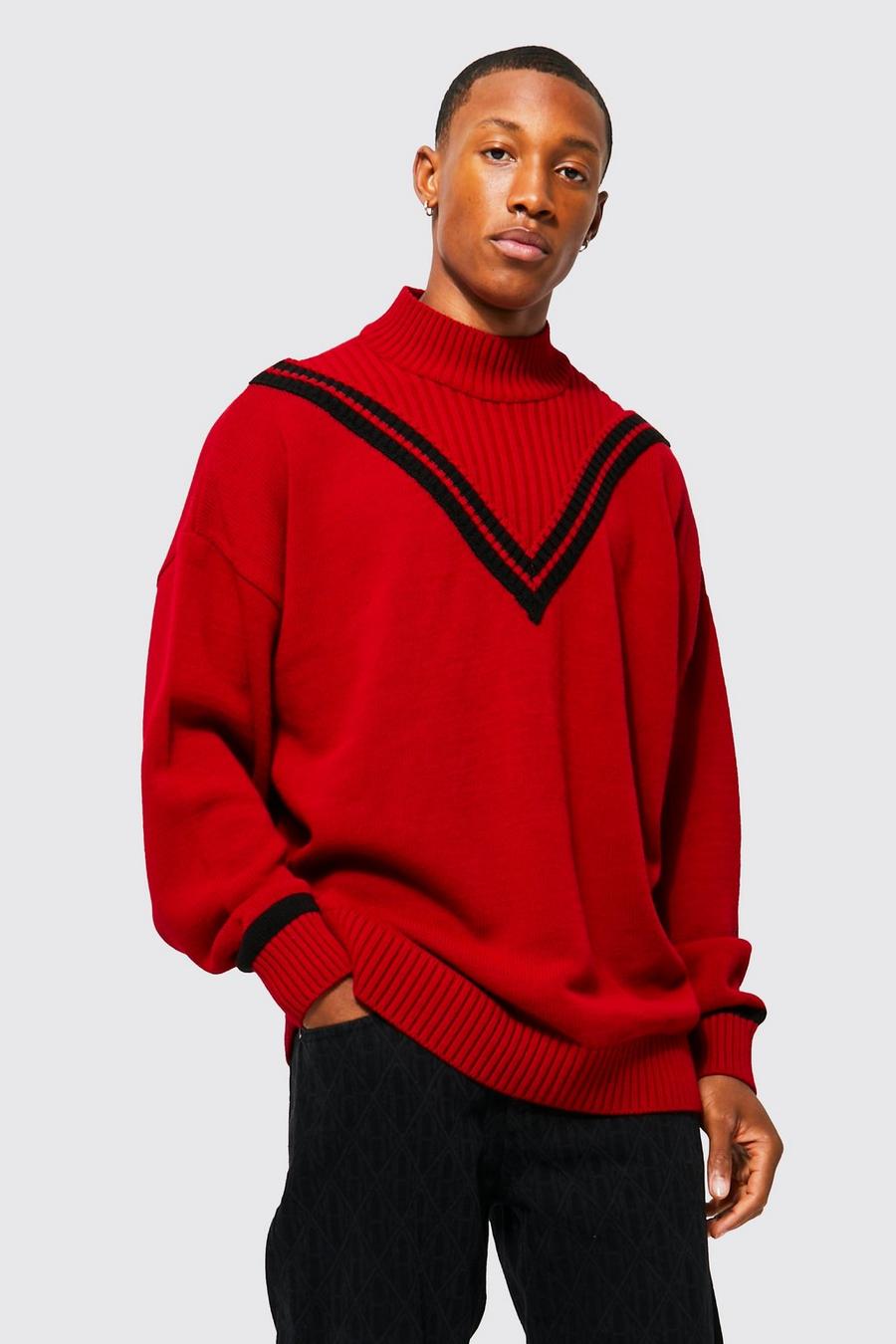 Red Roll Neck Deep V Knitted Jumper image number 1