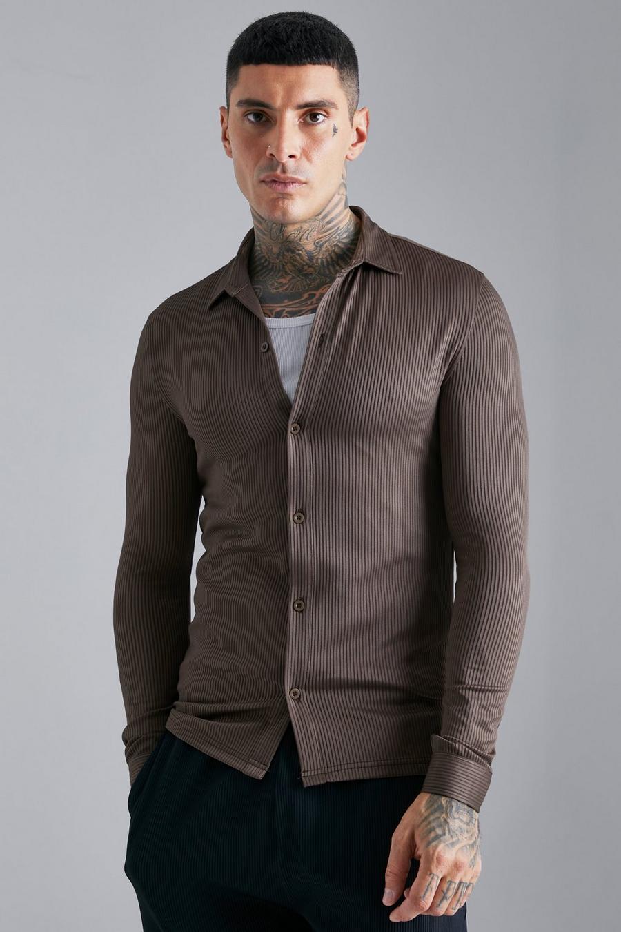 Chocolate Long Sleeve Muscle Ribbed Shirt image number 1