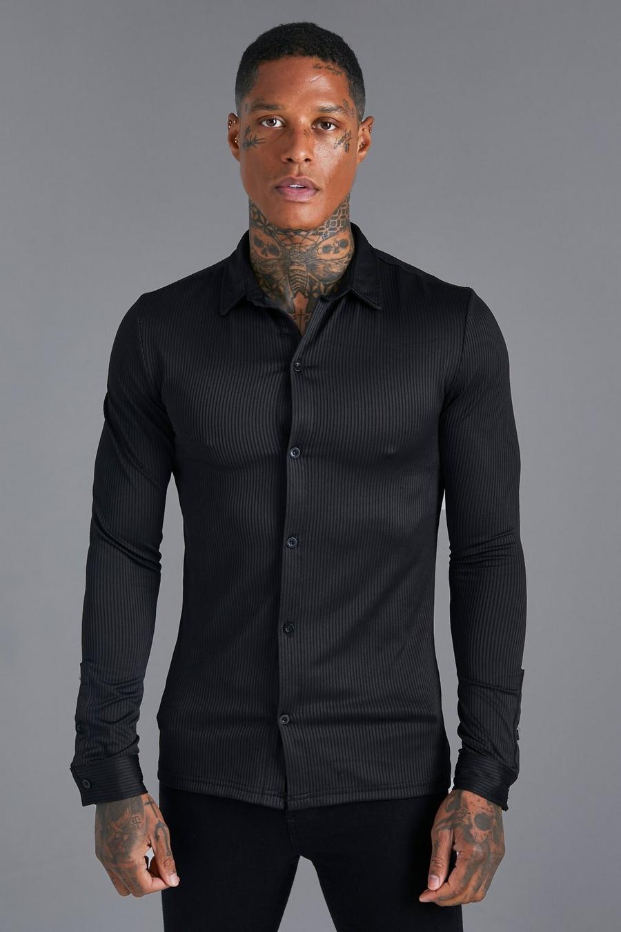 Black Long Sleeve Muscle Ribbed Shirt image number 1