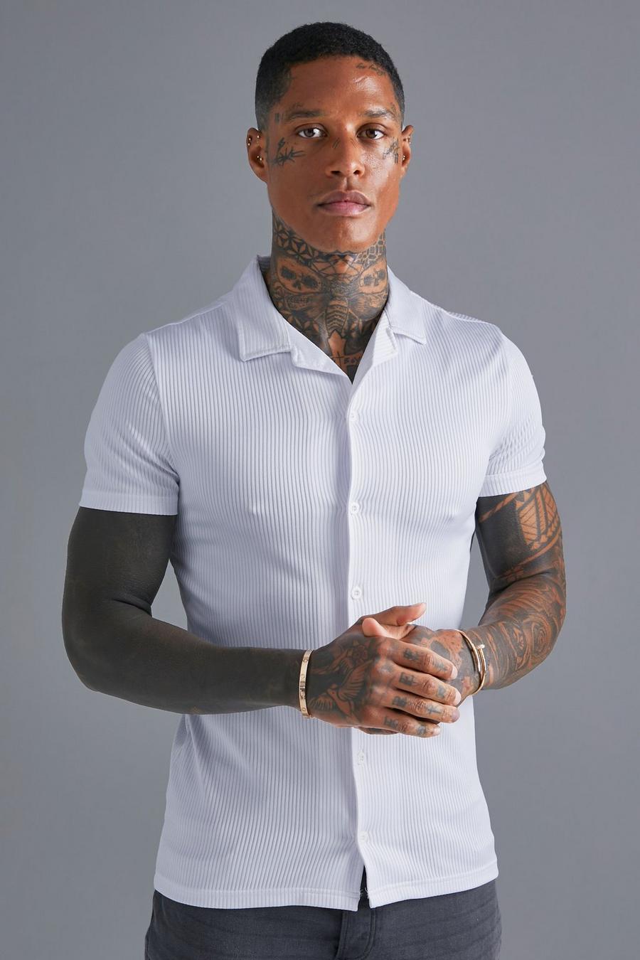 White Short Sleeve Muscle Revere Ribbed Shirt image number 1