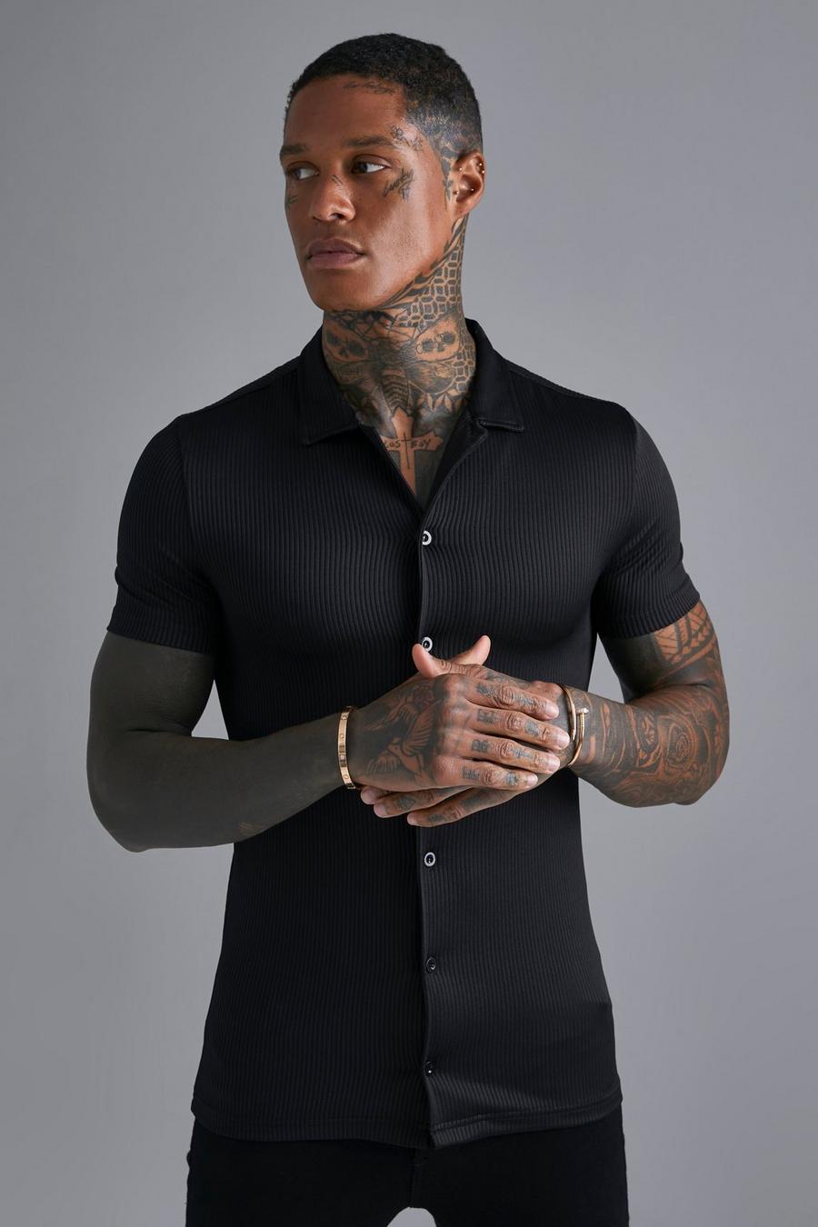 Black Short Sleeve Muscle Revere Ribbed Shirt image number 1
