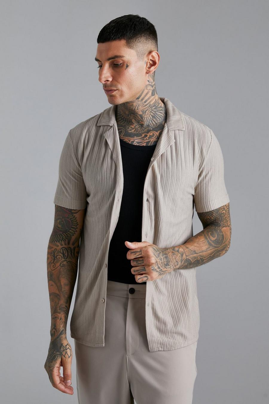 Taupe Short Sleeve Revere Space Dye Jacquard Shirt image number 1