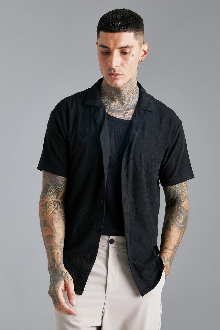 Camisa oversize de tela jersey con solapas de jacquard, Black nero image number 1
