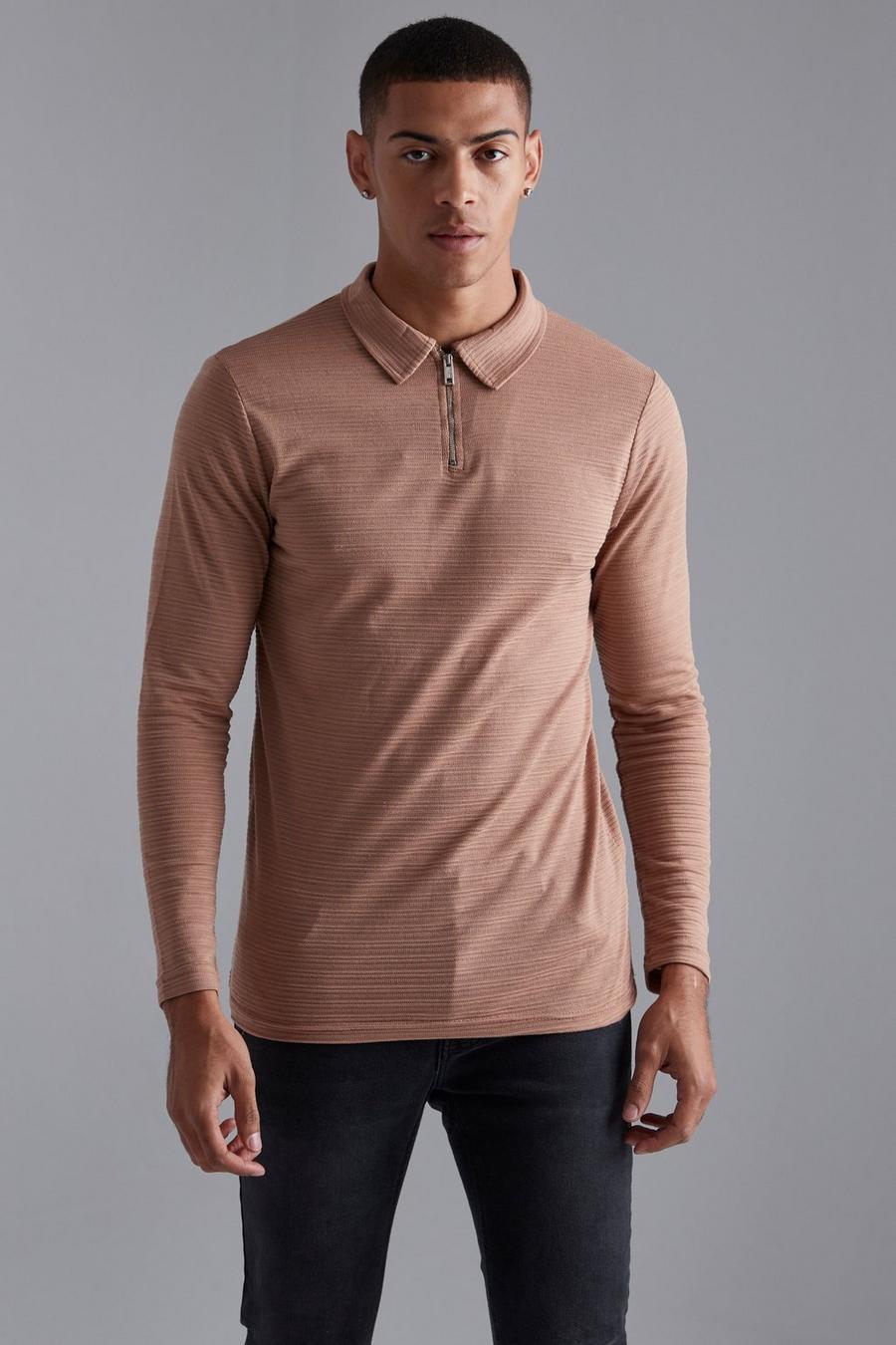 Mauve Slim Fit Ribbed Zip Neck Long Sleeve Polo image number 1