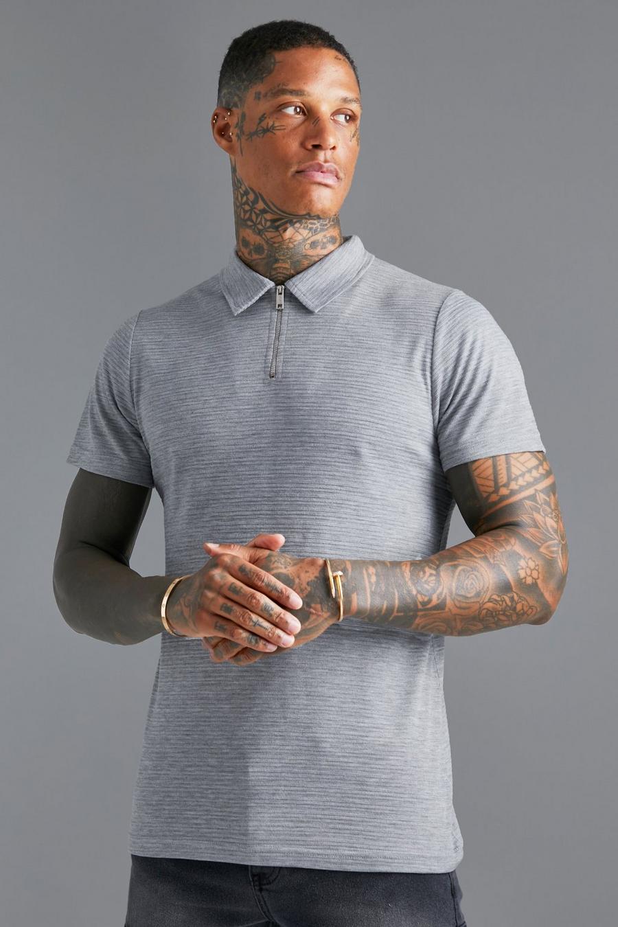 Grey Slim Fit Ribbed Zip Neck Polo image number 1
