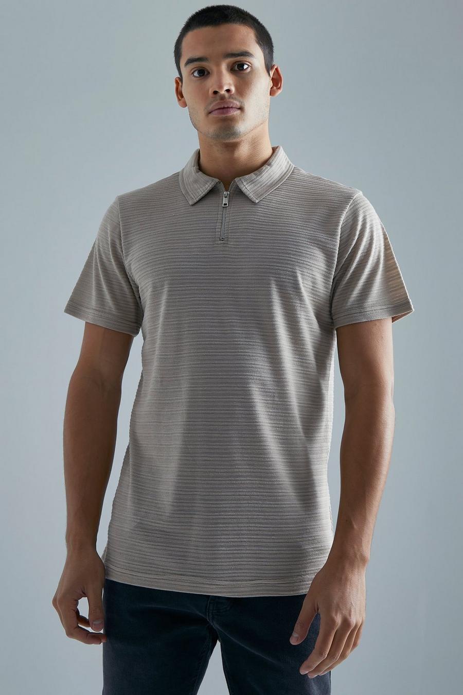 Taupe Slim Fit Ribbed Zip Neck Polo image number 1