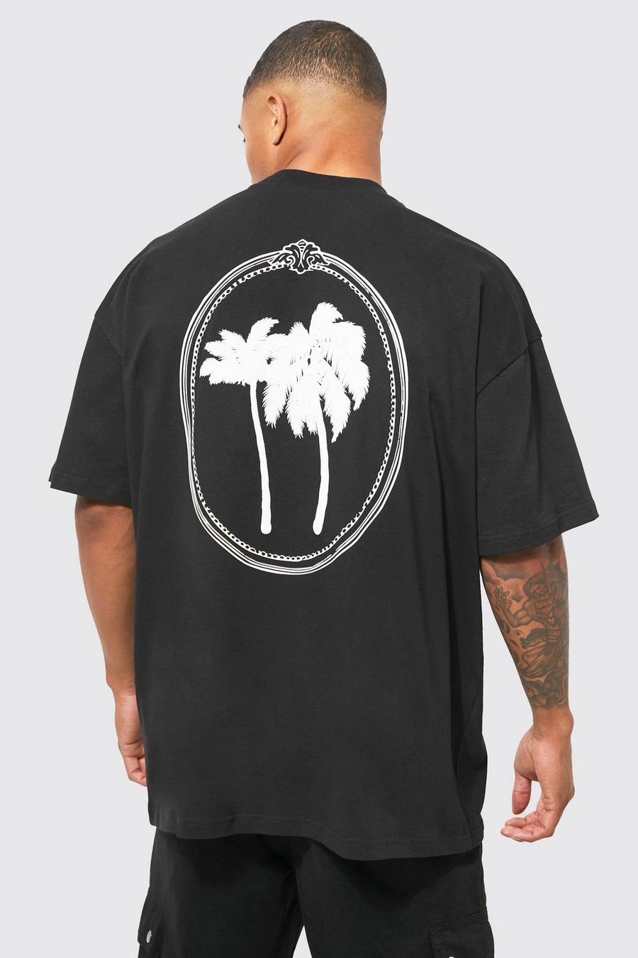 Black Oversized Extended Neck Palm Graphic T-shirt image number 1