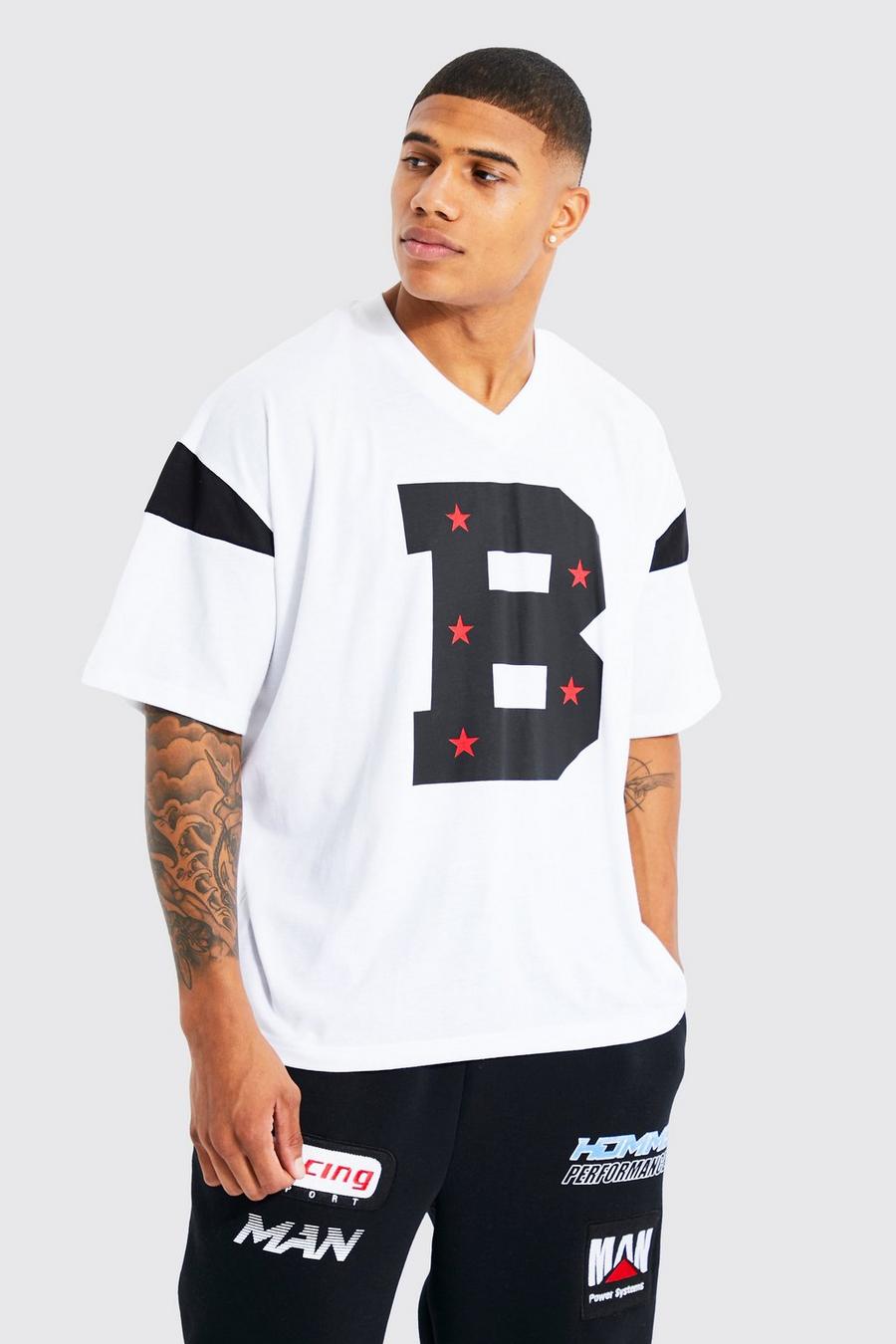 Camiseta recta con estampado gráfico universitario y escote de pico, White bianco image number 1