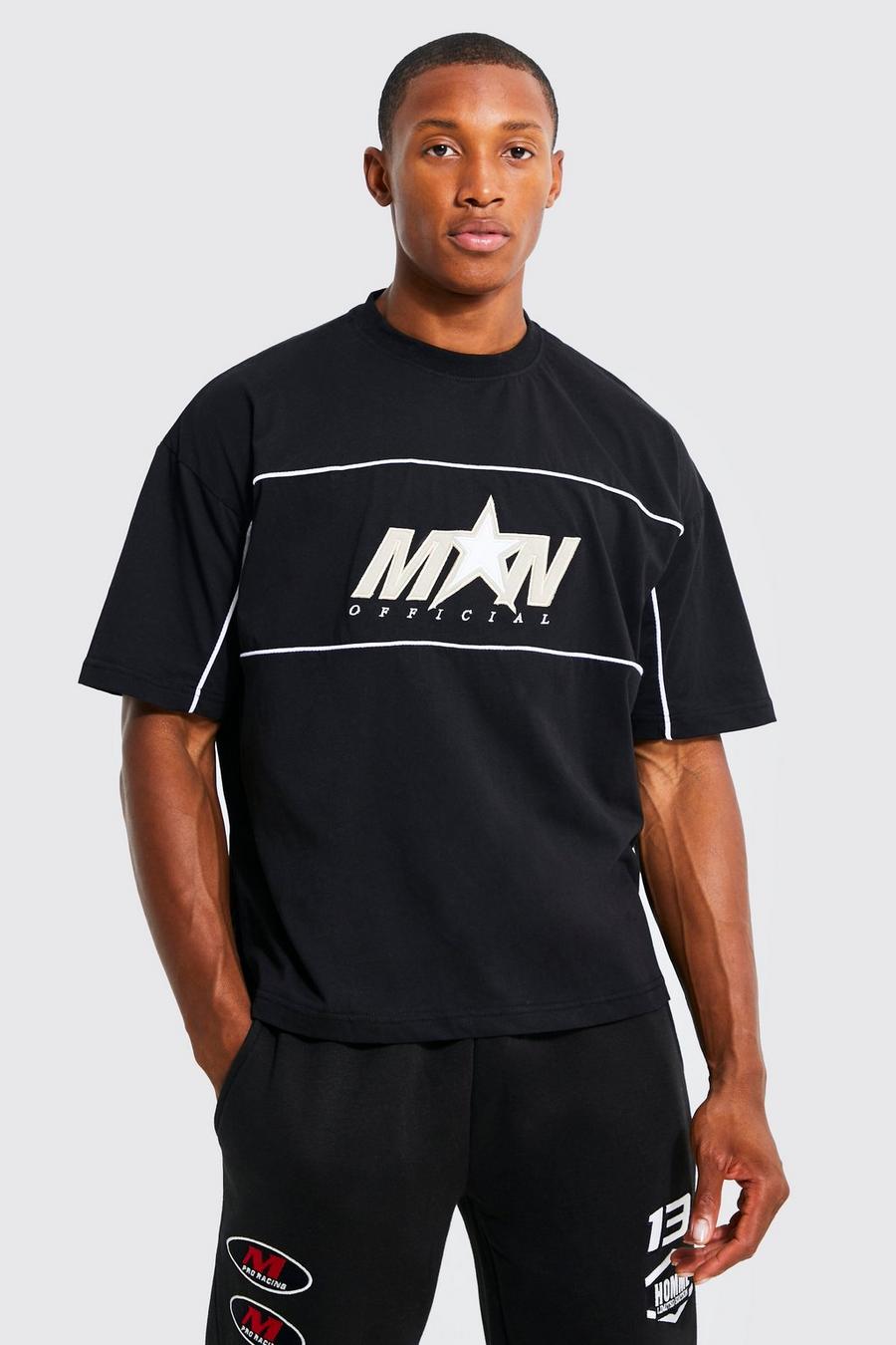 T-shirt squadrata oversize stile college con grafica e cordoncino, Black image number 1