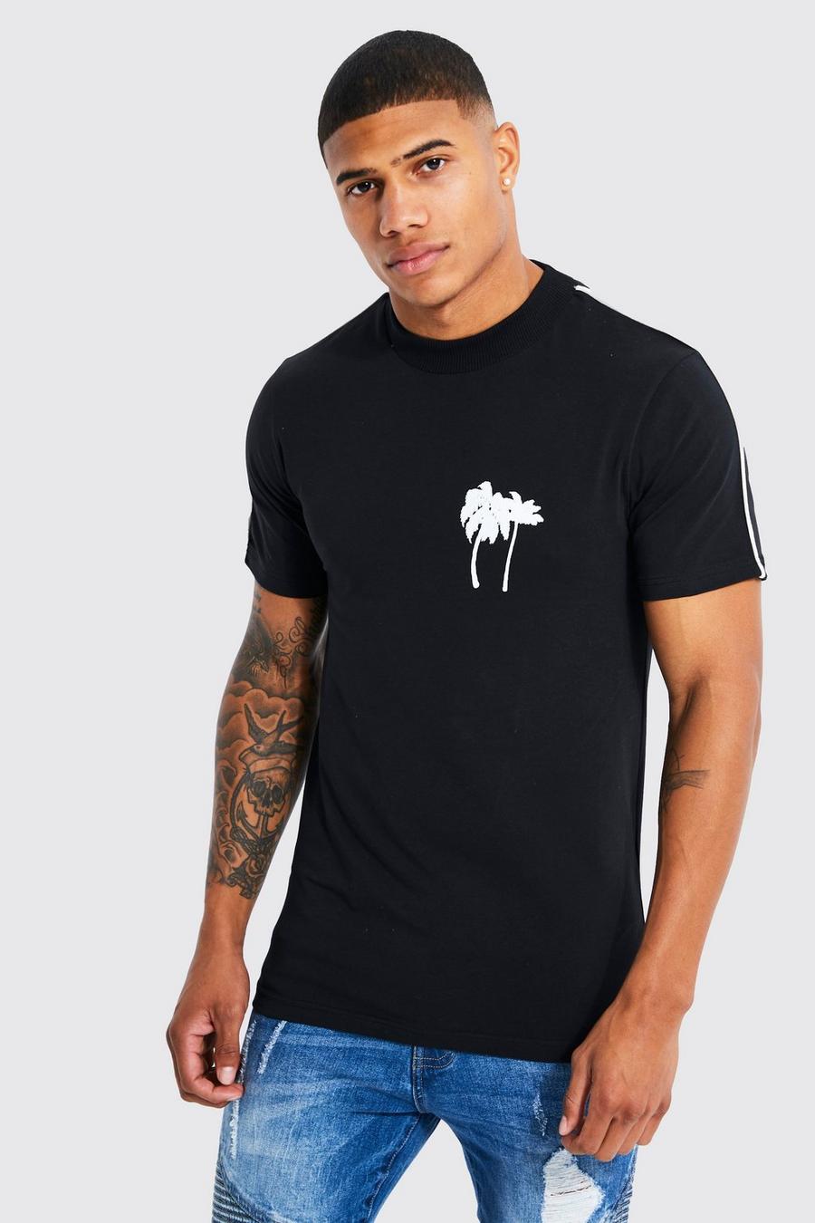 Camiseta ajustada al músculo con estampado gráfico de palmeras y ribete, Black nero image number 1