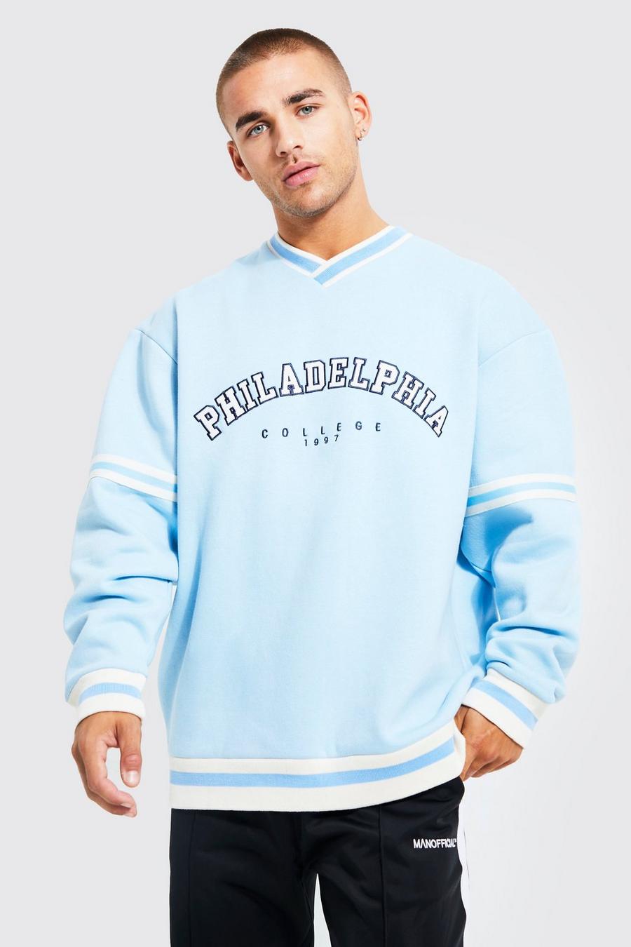 Pale blue azzurro Oversized V-neck Varsity Graphic Sweatshirt