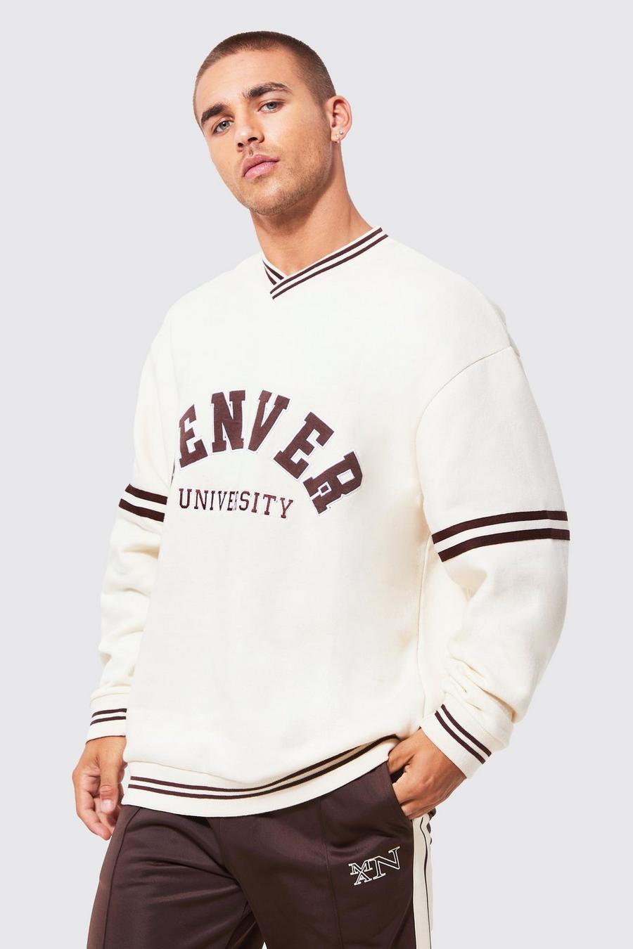 Ecru white Oversized V-neck Varsity Graphic Sweatshirt