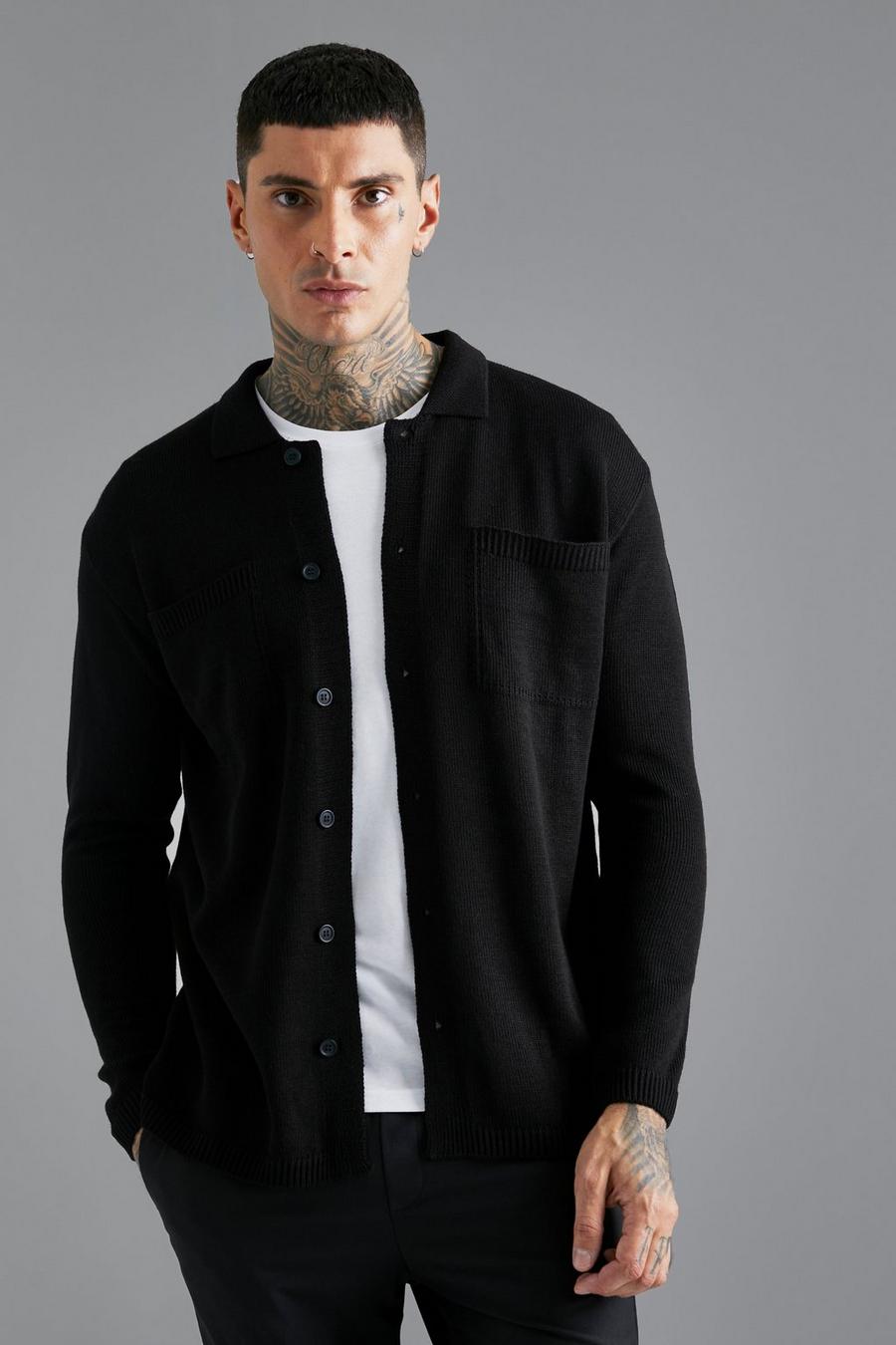 Black Knitted Collared Overshirt  image number 1