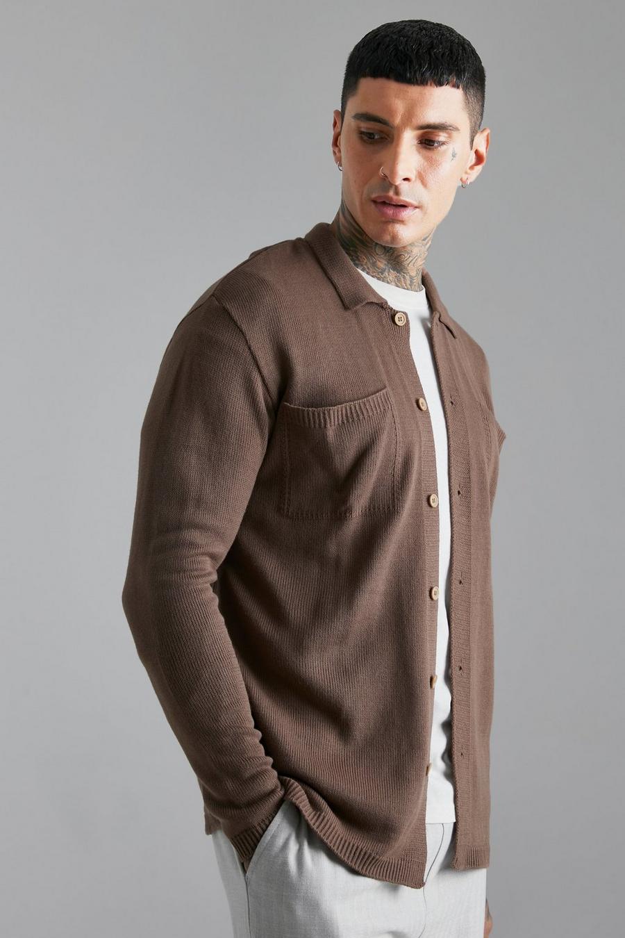 Taupe Knitted Collared Overshirt  image number 1