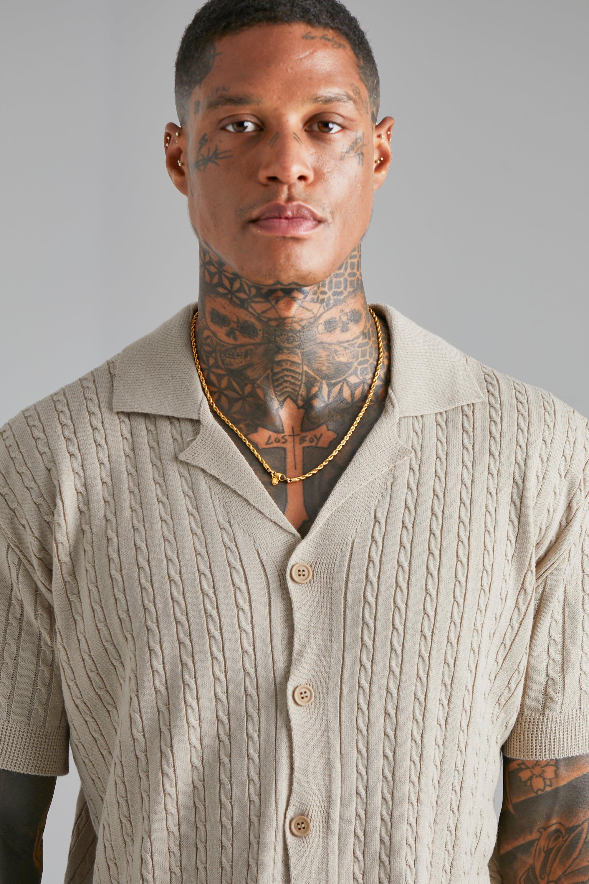 Short Sleeve Revere Cable Knit Shirt