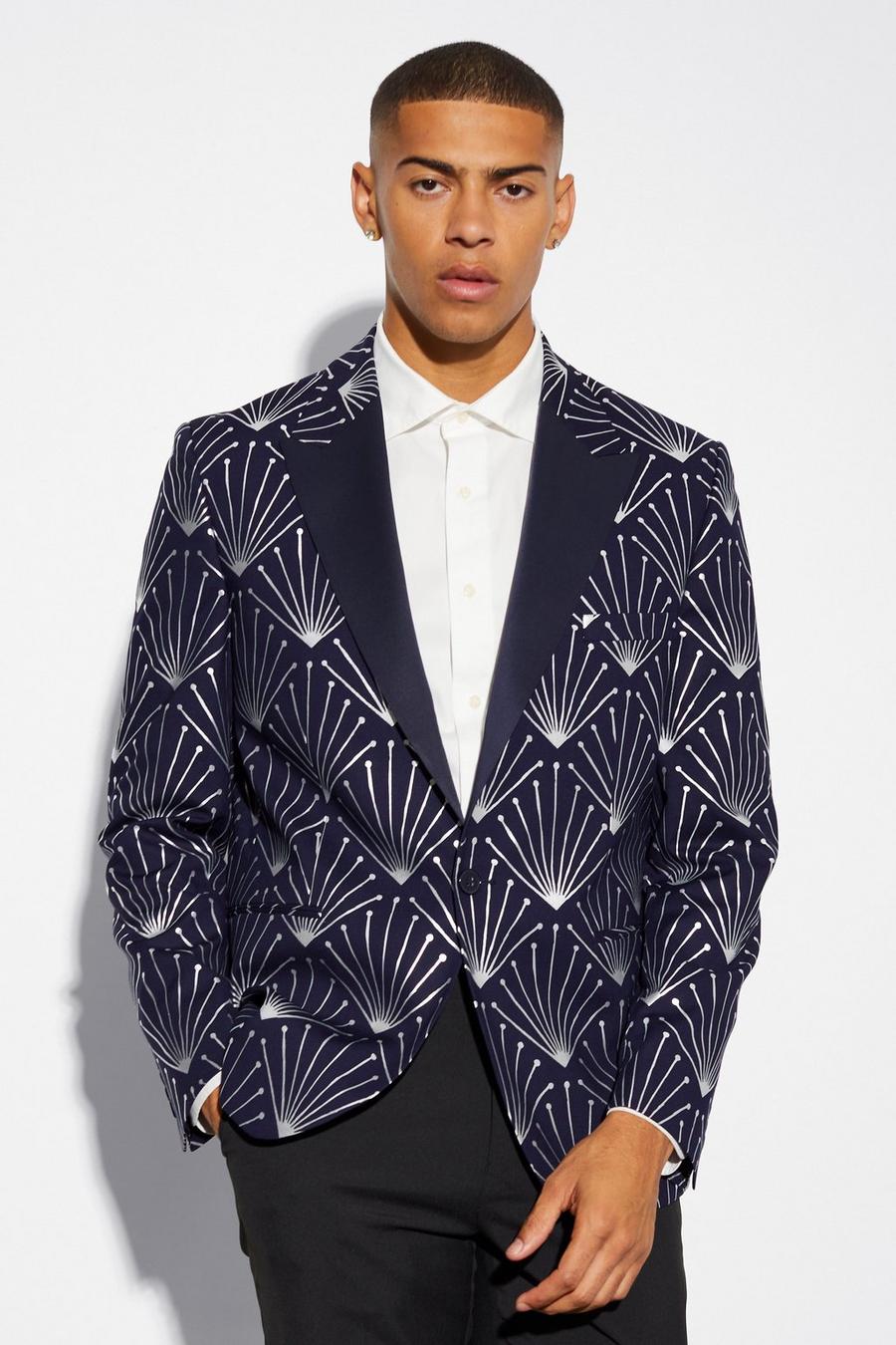 Navy Relaxed Fit Foil Print Blazer image number 1