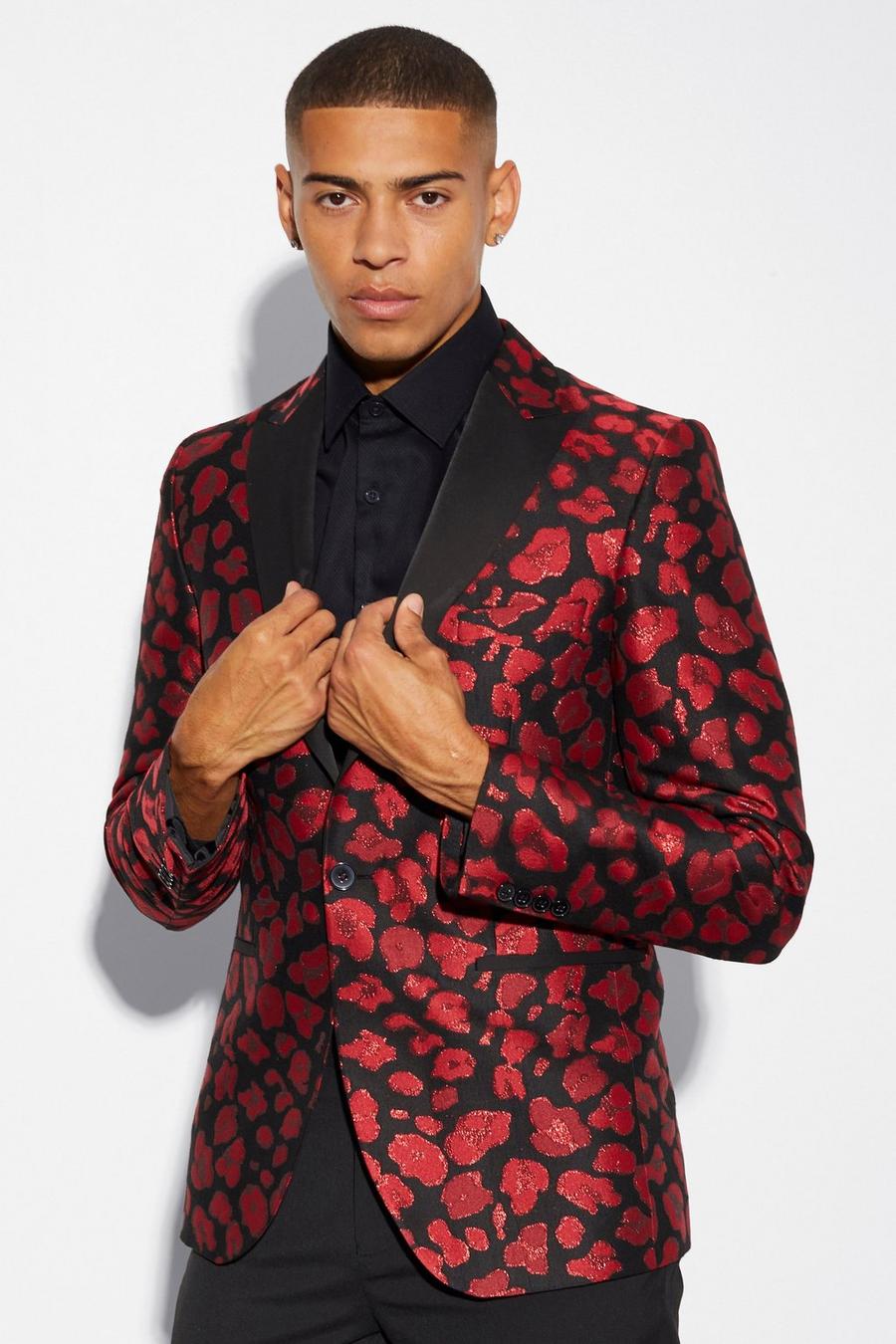 Red Slim Fit Leopard Jacquard Blazer image number 1