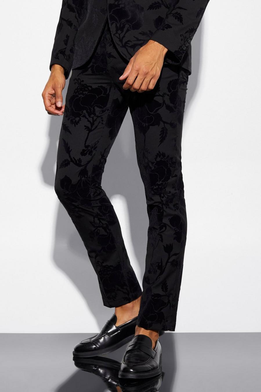 Black Skinny Floral Flock Suit Trousers image number 1