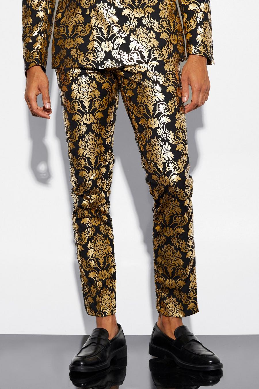 Pantaloni completo alla caviglia Slim Fit in raso in fantasia barocca, Gold metallizzato