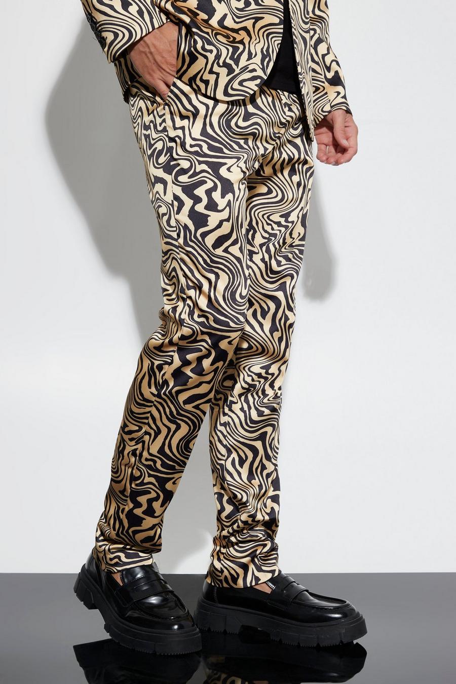 Gold métallique Straight Leg Marble Print Satin Suit Trousers