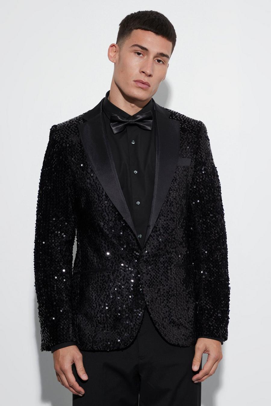 Black Skinny Sequin Blazer With Contrast Lapels image number 1