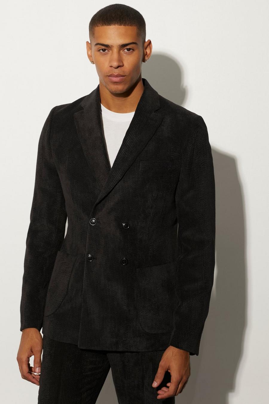 Black svart Slim Double Breasted Cord Suit Jacket image number 1